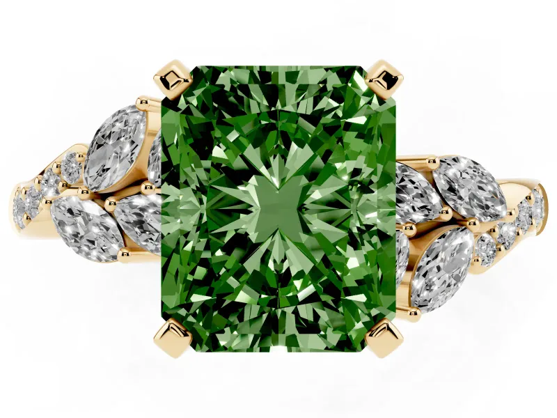 Fancy Green Radiant Cut Diamond Solitaire Ring Set in Yellow gold with Marquise Twist Band and Prong Setting