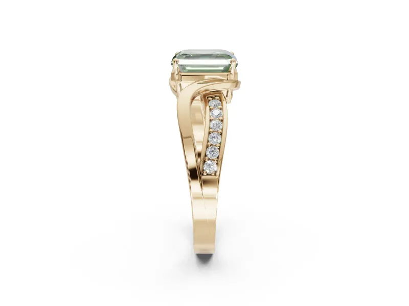 Asscher Cut Bypass Solitaire Engagement Ring Setting for a Fancy Green Lab-Grown Diamond | Pavé Strands | Yellow Gold