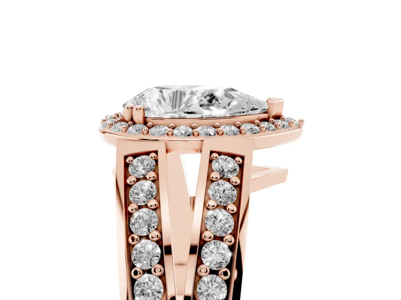 Pear-Shaped Halo Engagement Ring Setting | Two-Row Pave Split Shank | Rose Gold