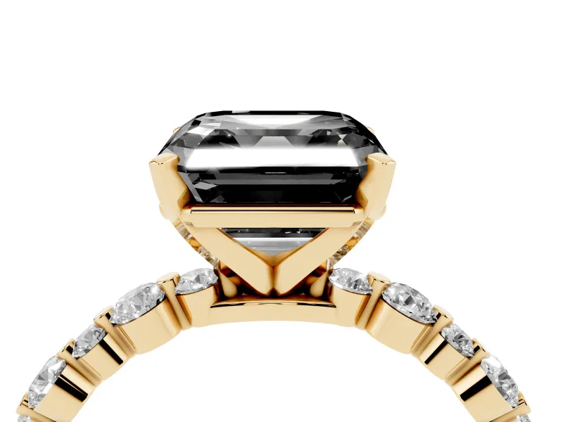 Fancy Black Asscher Cut Diamond Prong Set Engagement Ring Set in Yellow gold with Round Accent Pavé Band
