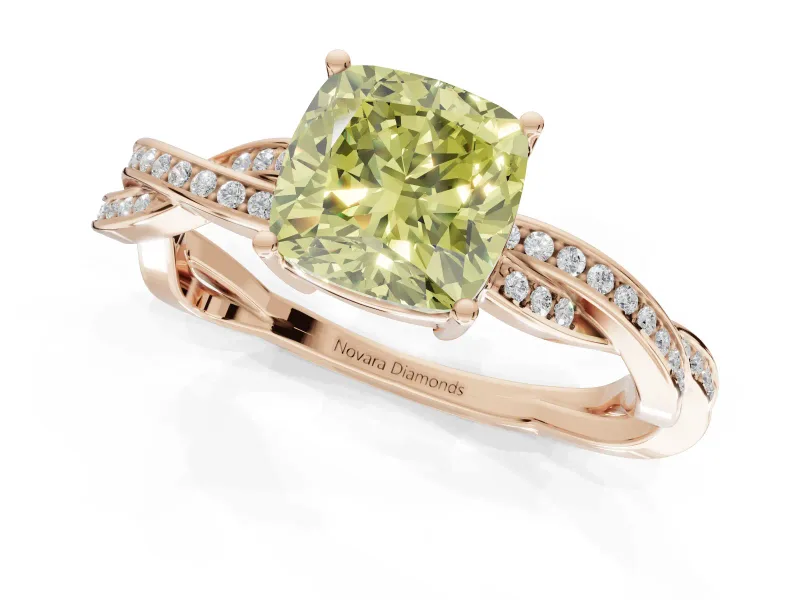 Cushion Cut Twisted Pavé Solitaire Engagement Ring Setting for a Fancy Yellow Lab-Grown Diamond | Rose Gold