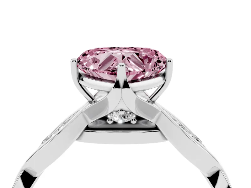 Fancy Pink Heart Cut Diamond Twist Band Solitaire Ring Set in White gold with Leaf Prong Setting and Accent Stones
