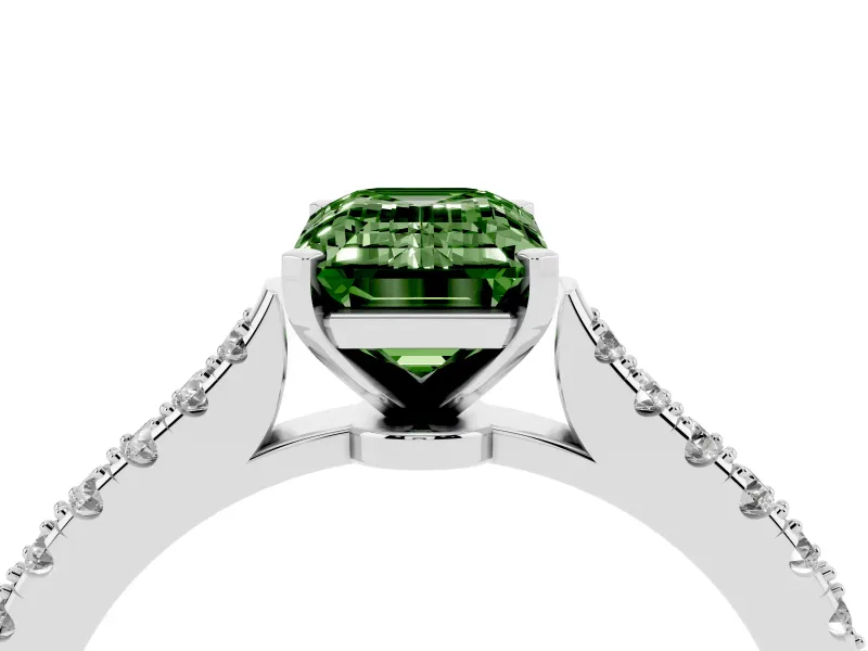 Fancy Green Emerald Cut Diamond Solitaire Engagement Ring Set in White gold with Delicate Pavé Band and Prong Setting