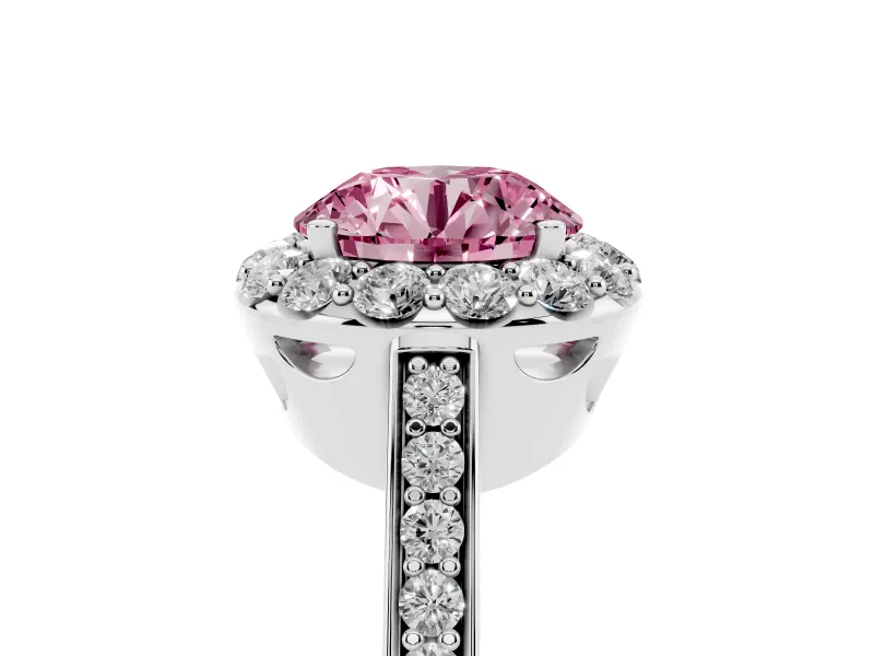 Fancy Pink Round Cut Diamond Floral Halo Ring Set in Platinum with Pavé Band and Prong Setting