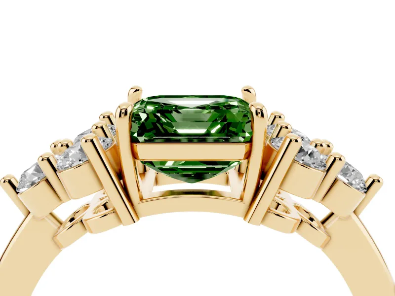Asscher Cut Cluster Side Stone Engagement Ring Setting for a Fancy Green Lab-Grown Diamond | Plain Band | Yellow Gold