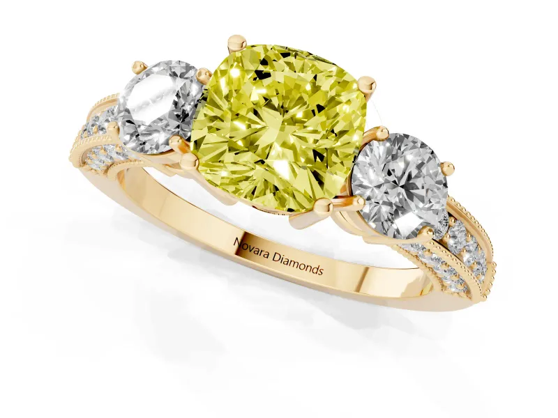 Cushion Cut Three Stone Engagement Ring Setting for a Fancy Yellow Lab-Grown Diamond | Graduated Pave Band | Yellow Gold