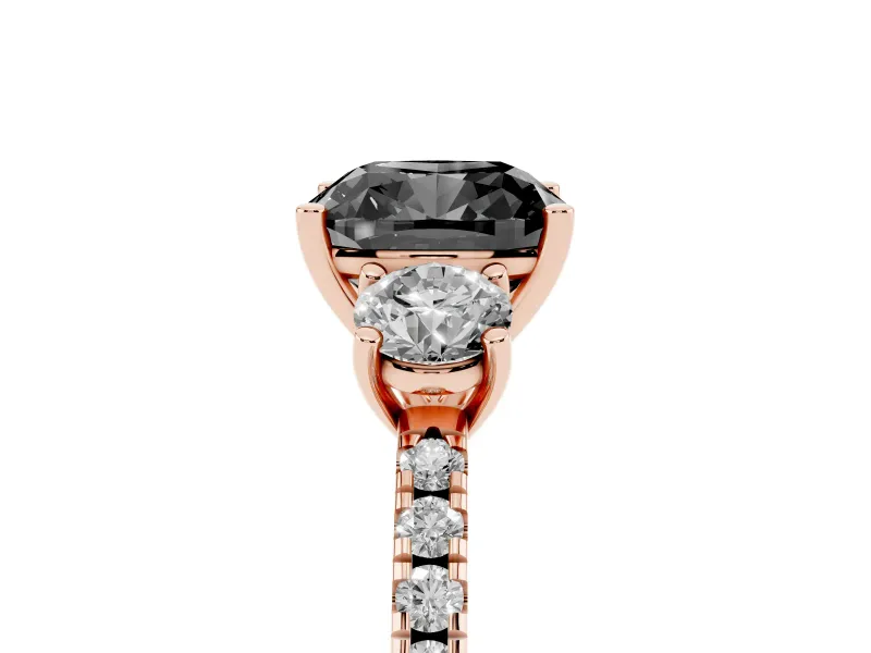 Cushion Cut Three Stone Engagement Ring Setting for a Black Center | Pavé Shoulders | Rose Gold