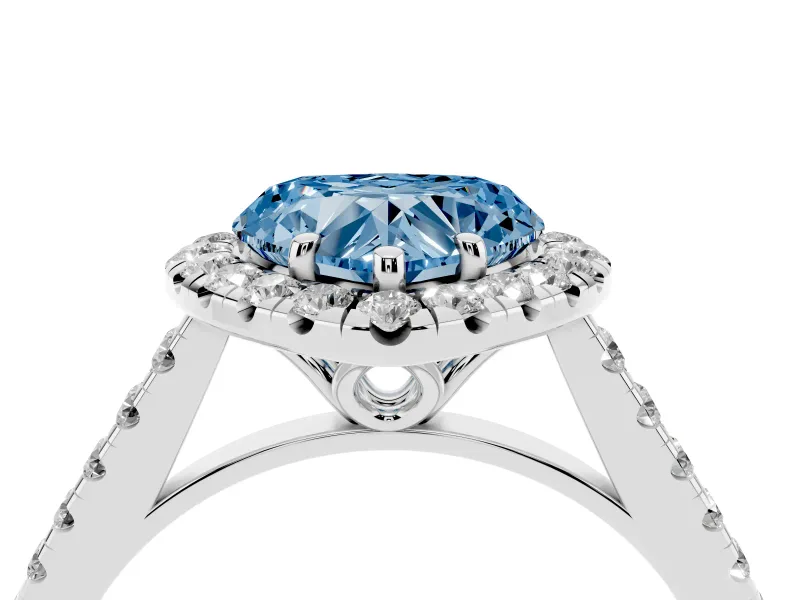 Heart-Shaped Raised Halo Engagement Ring Setting for a Fancy Blue Lab-Grown Diamond | Pave Band | Sterling Silver