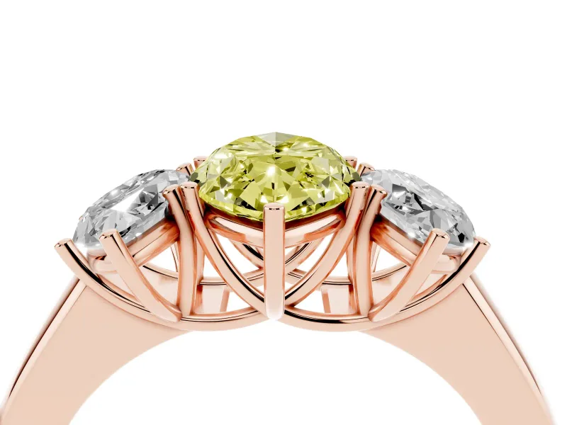 Fancy Yellow Three-Stone Marquise Cut Diamond Ring Set in Rose gold with Matching Prong Settings and Plain Band