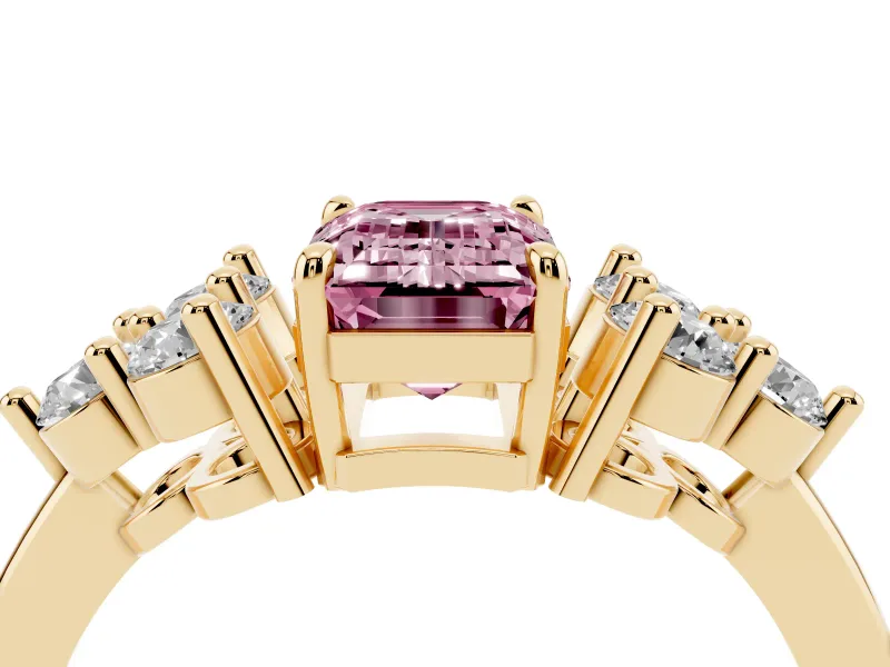 Fancy Pink Emerald Cut Diamond Solitaire Ring Set in Yellow gold with Cluster Accents on Each Side