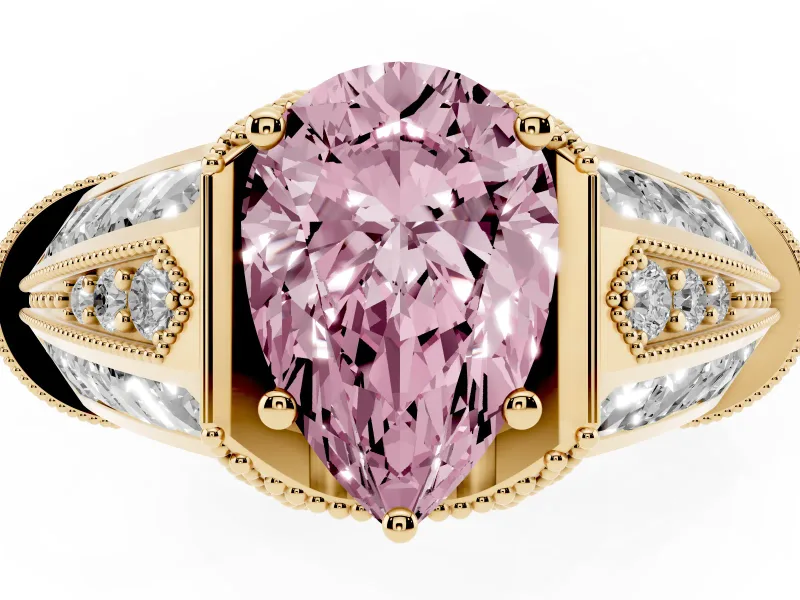 Fancy Pink Pear Cut Diamond Vintage-Inspired Milgrain Ring Set in Yellow gold with Accent Split Shank
