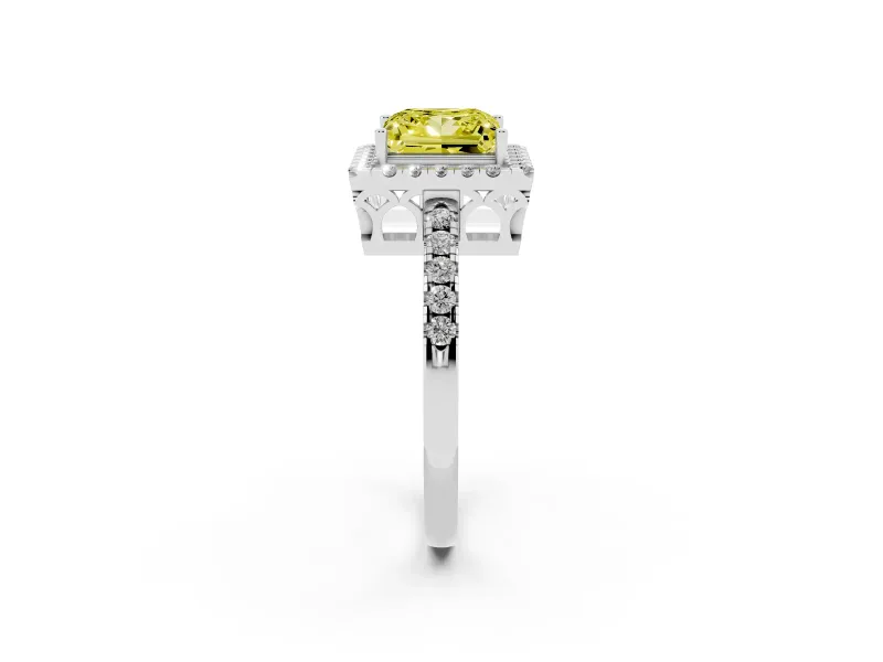 Fancy Yellow Princess Cut Diamond Pavé Band Halo Engagement Ring Set in Platinum with Prong Setting