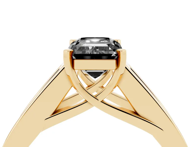 Fancy Black Emerald Cut Diamond Solitaire Ring Set in Yellow gold with Channel-Set Accent Stones and Prong Setting