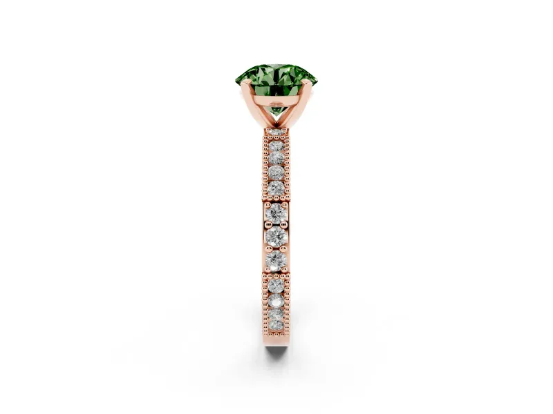 Fancy Green Round Cut Diamond Solitaire Ring Set in Rose gold with Slim Pavé Band and Prong Setting