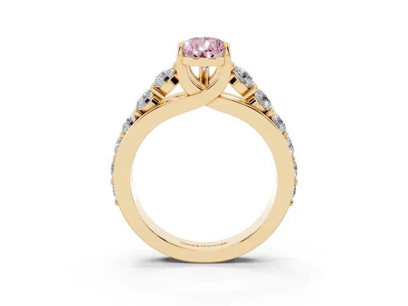 Fancy Pink Pear Cut Diamond Pavé Engagement Ring Set in Yellow gold with Prong Setting