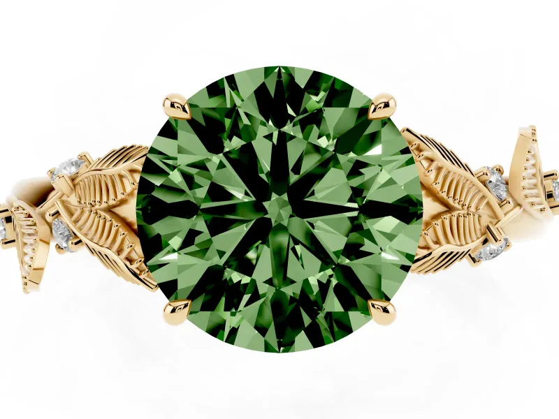 Round Leaf Solitaire Engagement Ring Setting for a Fancy Green Lab-Grown Diamond | Yellow Gold
