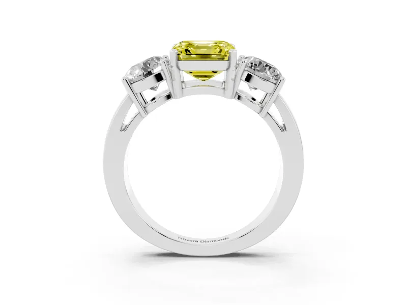 Asscher Cut Three Stone Engagement Ring Setting for a Fancy Yellow Lab-Grown Diamond | Wide Plain Band | Platinum