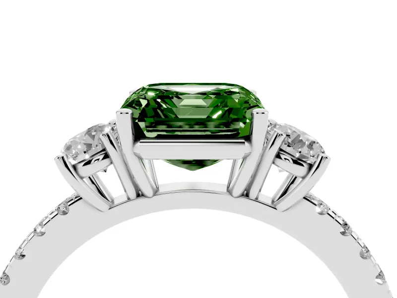 Asscher Cut Three Stone Engagement Ring Setting for a Fancy Green Lab-Grown Diamond | Pave Shoulders | Platinum