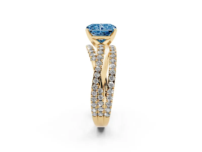 Fancy Blue Radiant Cut Diamond Solitaire Twist Band Ring Set in Yellow gold with Pavé Setting and Prong Head
