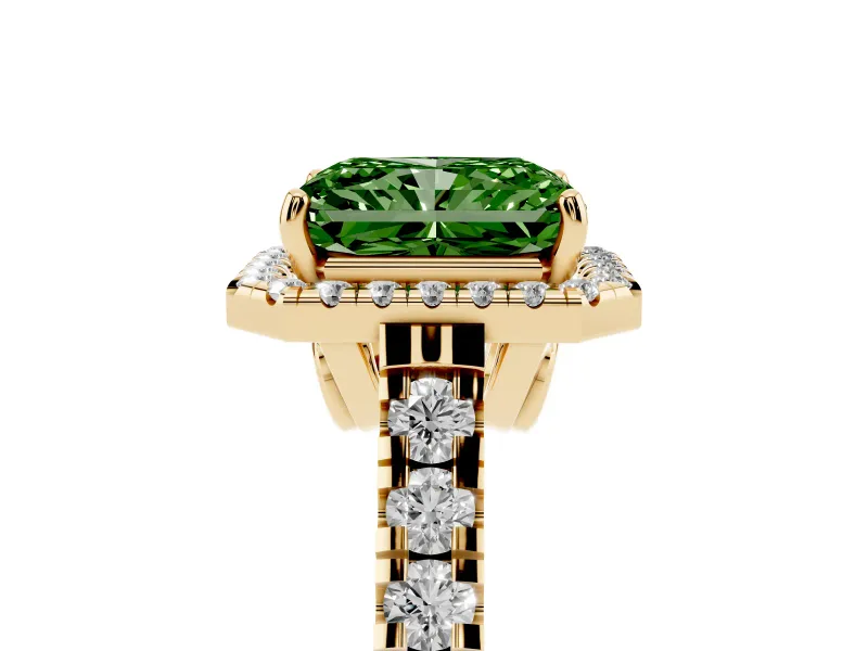 Radiant Cut Accented Halo Engagement Ring Setting for a Fancy Green Lab-Grown Diamond | Yellow Gold