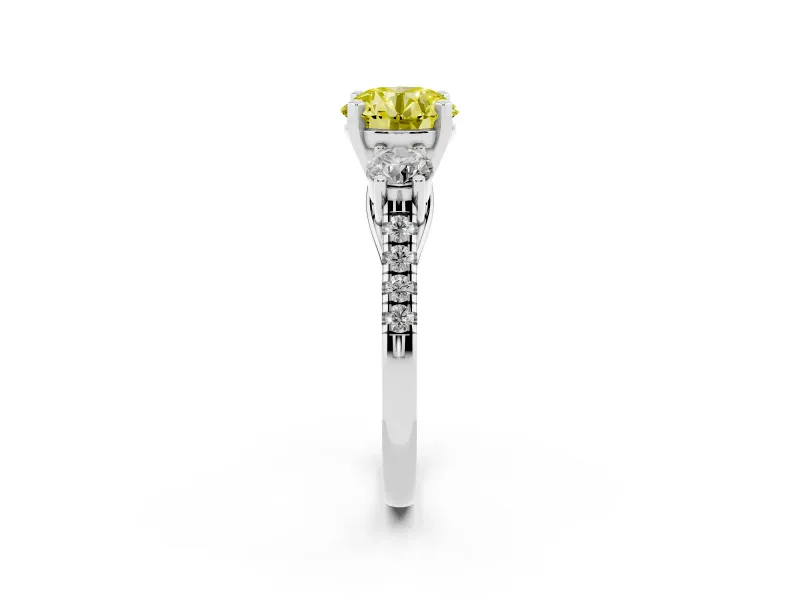 Fancy Yellow Three-Stone Round Cut Diamond Pavé Band Ring Set in White gold with Prong-Set Trio