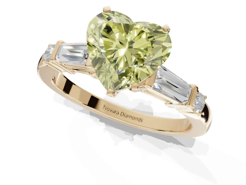 Heart-Shaped Tapered Baguette Engagement Ring Setting for a Fancy Yellow Lab-Grown Diamond | Bar Set Sides | Yellow Gold