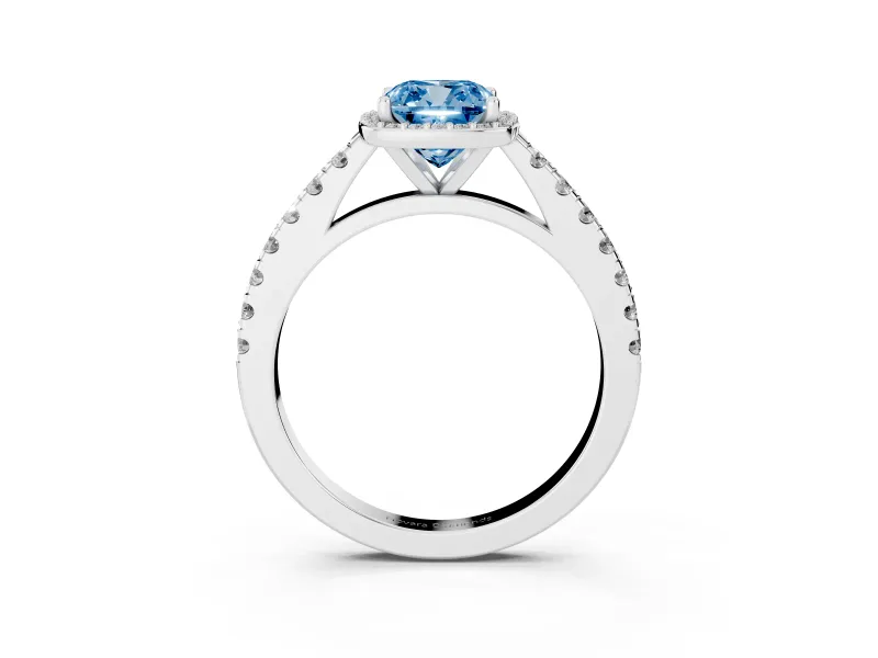 Fancy Blue Cushion Cut Diamond Halo Engagement Ring Set in Silver with Pavé Band and Prong Setting