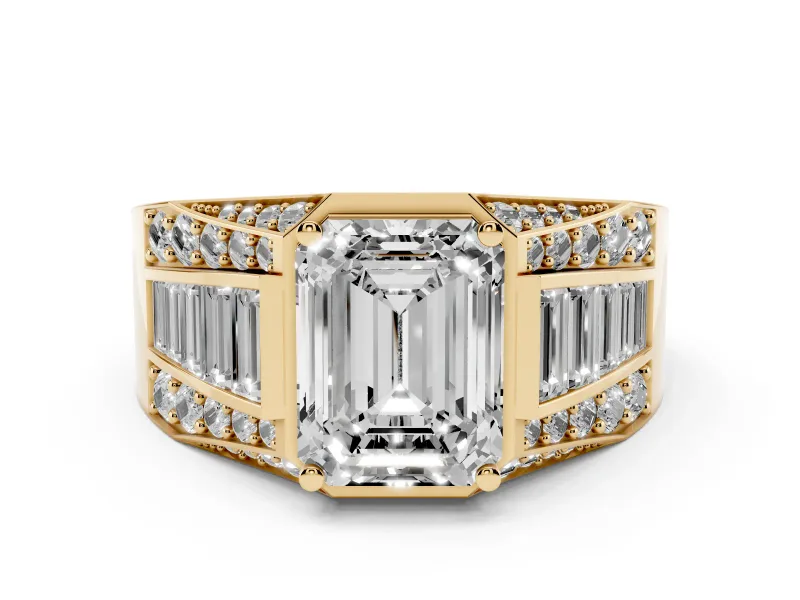 Emerald Cut Diamond Mens Ring Set in Yellow gold with Baguette and Round Side Stones