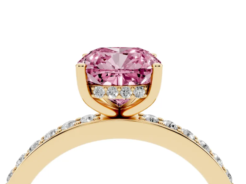 Fancy Pink Cushion Cut Diamond Pavé Band Ring Set in Yellow gold with Prong-Set Center Stone