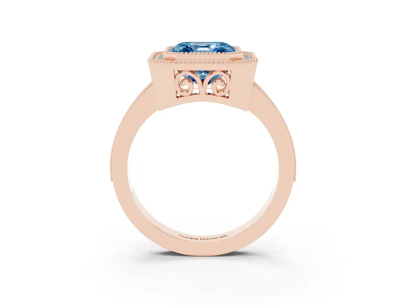 Fancy Blue Asscher Cut Diamond Halo Ring Set in Rose gold with Pavé Band and Milgrain-Edged Prongs