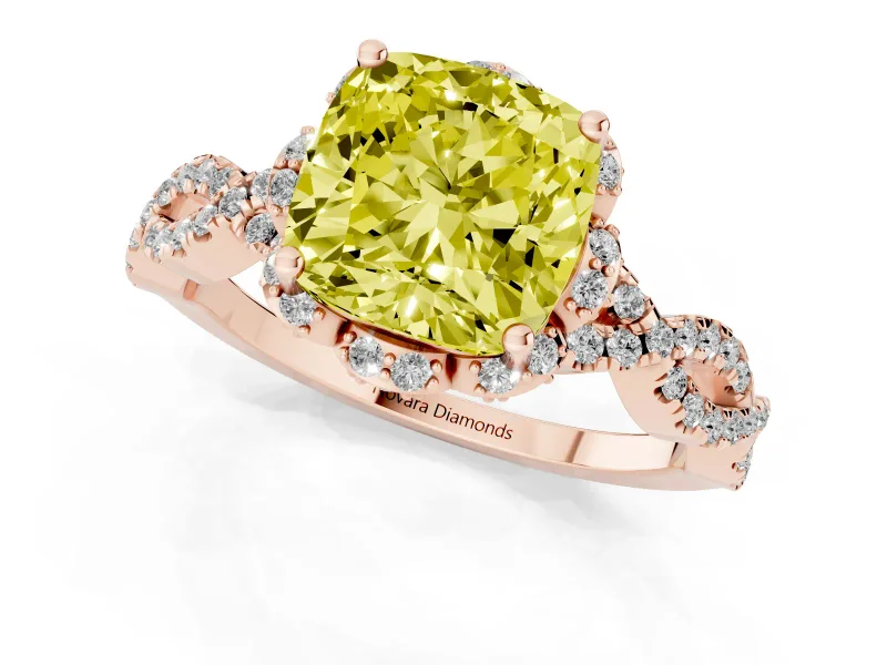 Fancy Yellow Cushion Cut Diamond Halo Twist Band Solitaire Ring Set in Rose gold with Prong-Set Center Stone