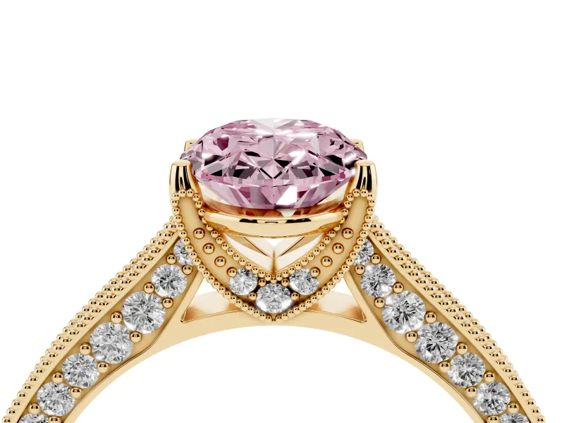Oval Vintage Hidden Halo Engagement Ring Setting for a Fancy Pink Lab-Grown Diamond | Milgrain Pave Band | Yellow Gold