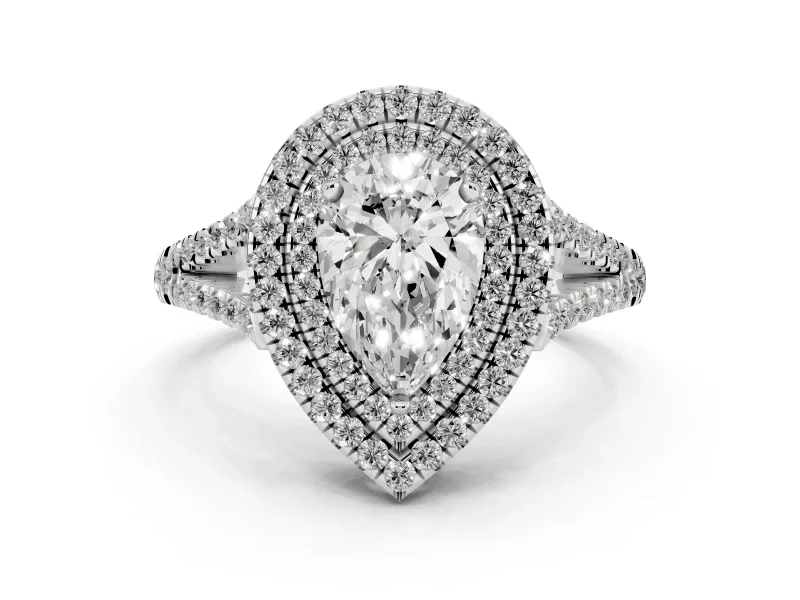 Pear Cut Diamond Double Halo Ring Set in Silver with Pavé Band