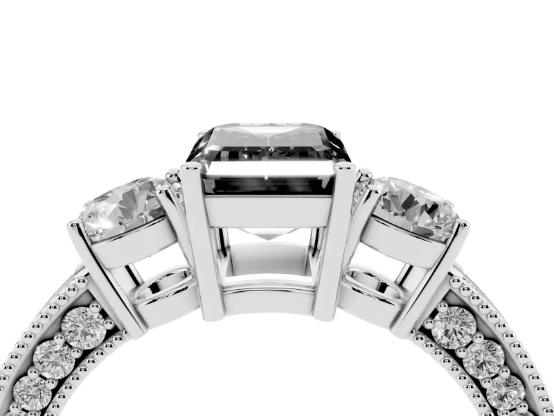Fancy Black Emerald Cut Diamond Three-Stone Ring Set in Platinum with Round Side Stones and Pavé Band