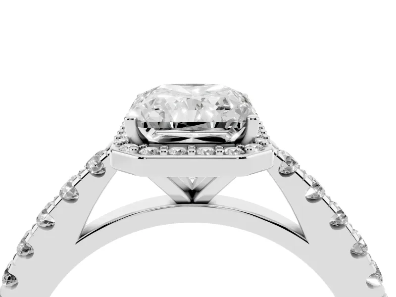 Radiant Cut Diamond Halo Engagement Ring Set in Silver with Pavé Band and Prong Setting