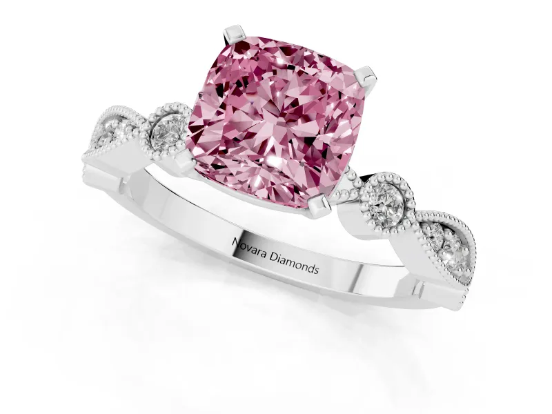 Fancy Pink Cushion Cut Diamond Solitaire Engagement Ring Set in Silver with Milgrain Bezel Accent Band