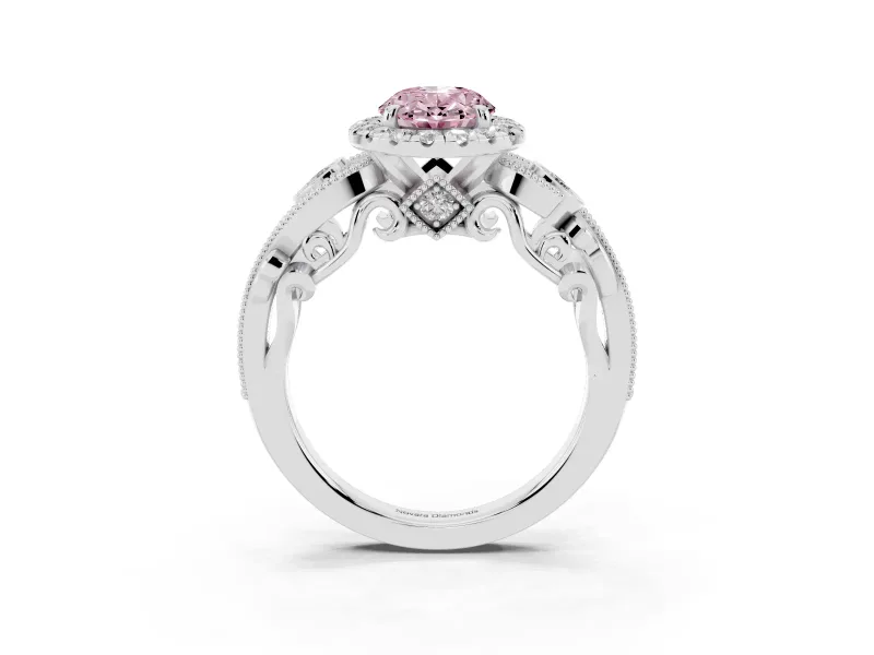 Oval Vintage Halo Engagement Ring Setting for a Fancy Pink Lab-Grown Diamond | Bezel Shoulder Accents | Platinum