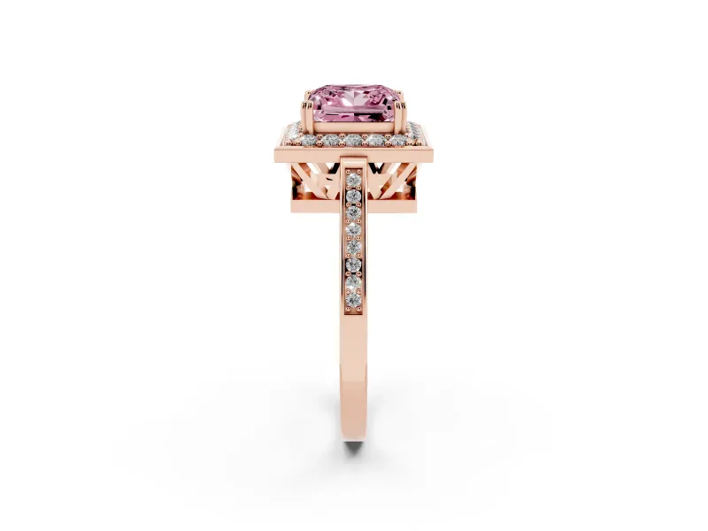 Princess Cut Halo Engagement Ring Setting for a Fancy Pink Lab-Grown Diamond | Polished Halo Rim | Rose Gold