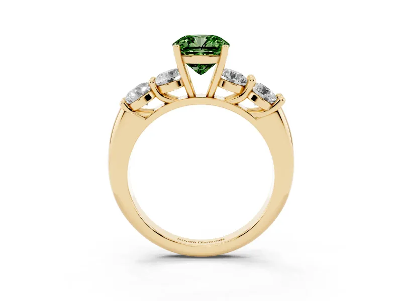 Cushion Cut Five Stone Engagement Ring Setting for a Fancy Green Lab-Grown Diamond | Prong Set Side Stones | Yellow Gold