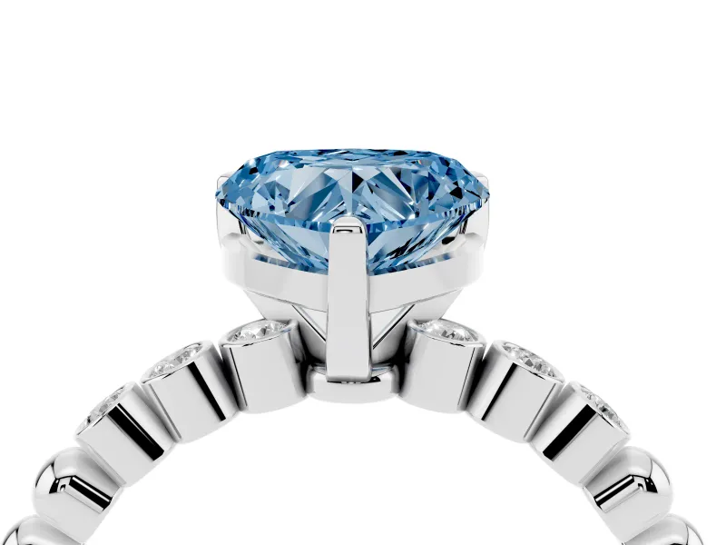 Fancy Blue Heart Cut Diamond Solitaire Engagement Ring Set in Silver with Bezel Accents on Beaded Band