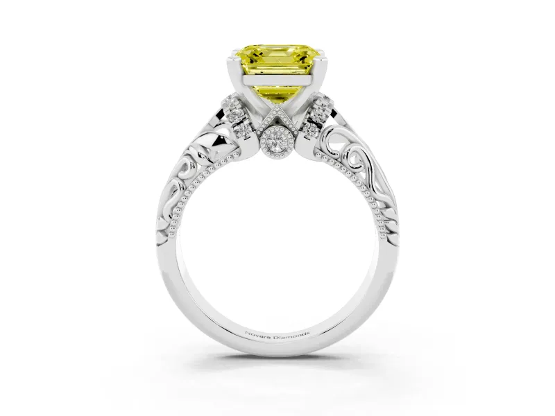 Fancy Yellow Asscher Cut Diamond Filigree Halo Engagement Ring Set in Silver with Prong Setting