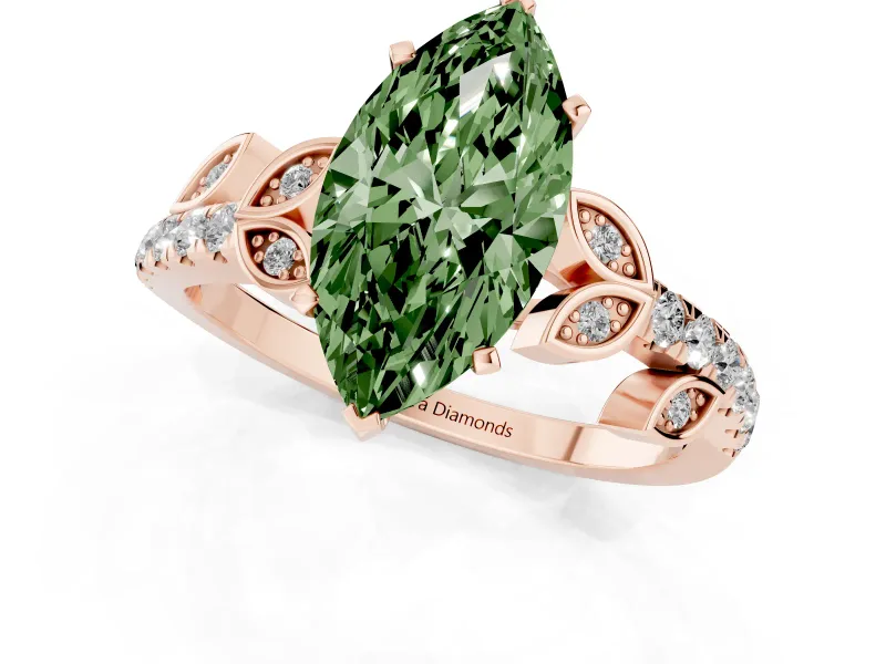 Fancy Green Marquise Cut Diamond Solitaire Leaf-Inspired Ring Set in Rose gold with Pavé Band and Prong Setting
