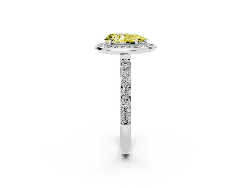 Fancy Yellow Pear Cut Diamond Halo Ring Set in Platinum with Bezel Frame and Pavé Band