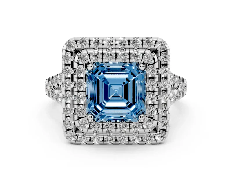 Fancy Blue Asscher Cut Diamond Double Halo Ring Set in Platinum with Pavé Split Shank and Prong Setting