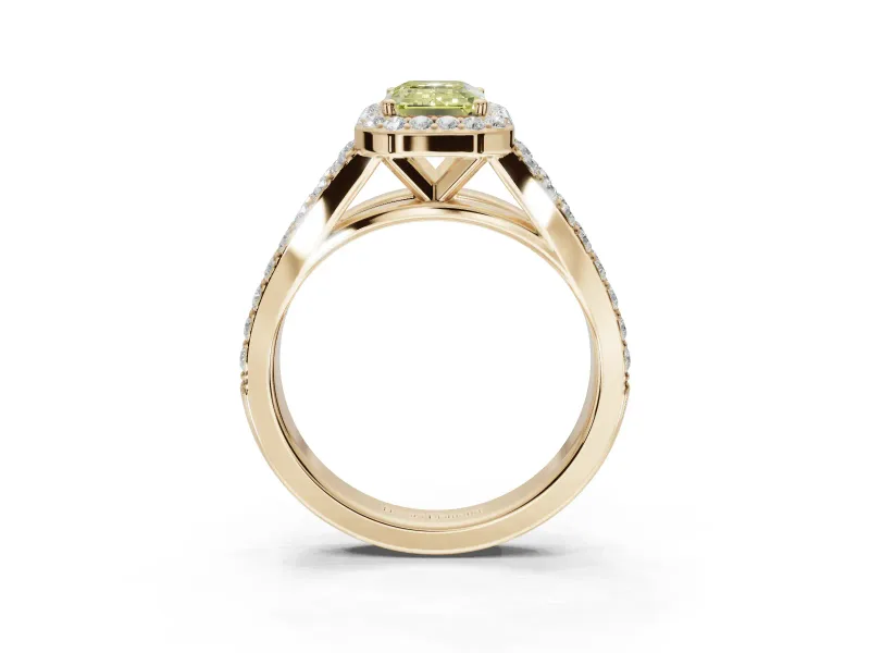 Emerald Cut Halo Pavé Engagement Ring Setting for a Fancy Yellow Lab-Grown Diamond | Narrow Split Shank | Yellow Gold