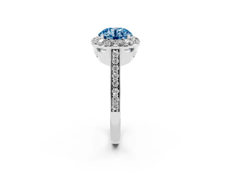 Fancy Blue Round Cut Diamond Floral Halo Ring Set in White gold with Pavé Band and Prong Setting