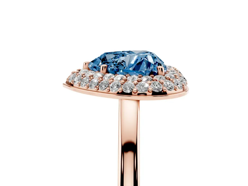 Fancy Blue Heart Cut Diamond Halo Engagement Ring Set in Rose gold with Solitaire Band and Prong Setting