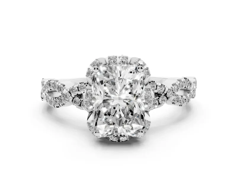 Radiant Cut Diamond Halo Twist Band Solitaire Ring Set in Platinum with Prong-Set Center Stone