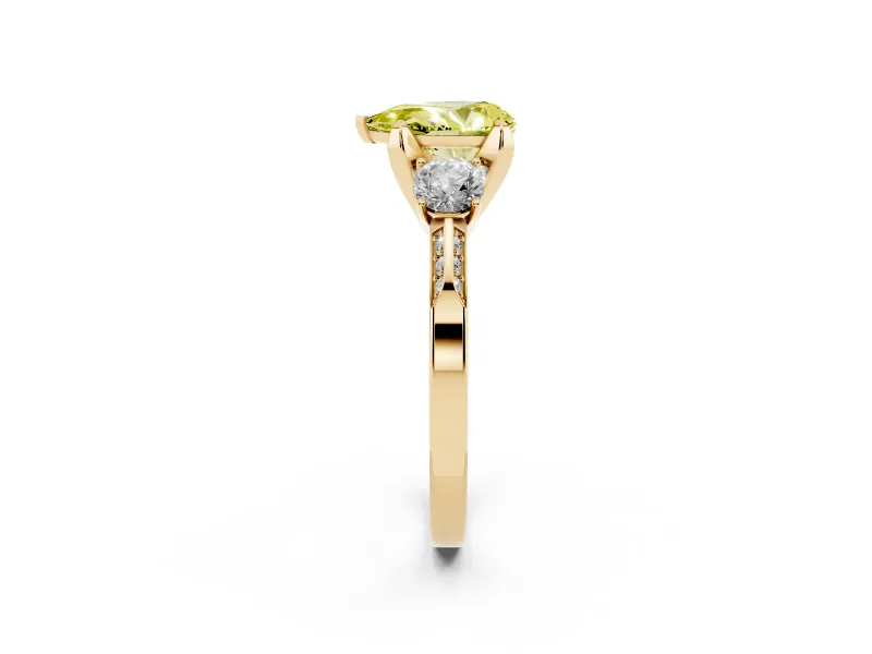 Pear-Shaped Hidden Halo Three Stone Engagement Ring Setting for a Fancy Yellow Lab-Grown Diamond | Yellow Gold