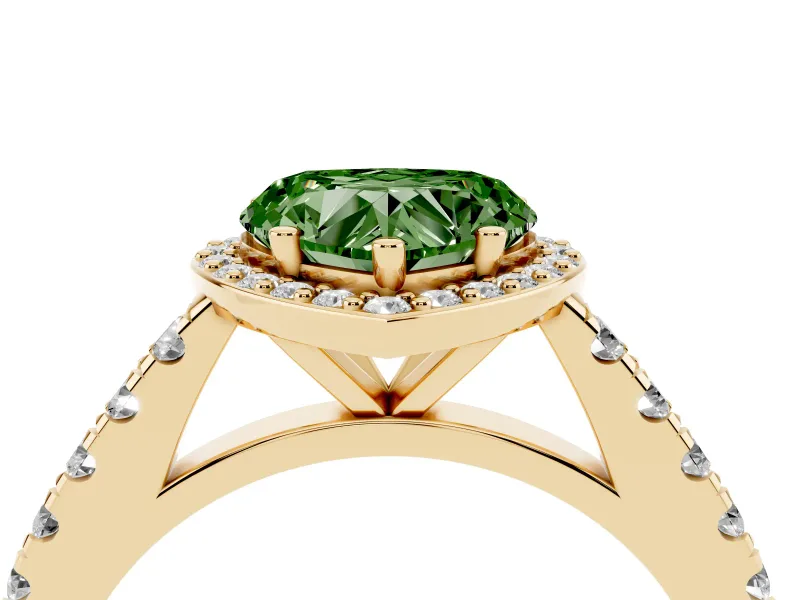 Fancy Green Heart Cut Diamond Halo Engagement Ring Set in Yellow gold with Pavé Band and Prong Setting